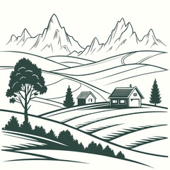 Vintage style black and white rural landscape illustration with houses © megia