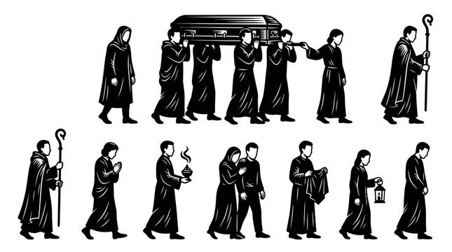 Religious Funeral Procession Silhouette Vector Icon Set. Mourners, Monks, Priest with Coffin.
