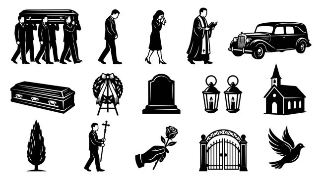 Black and White Funeral Icons Set: Glyph Vector Symbols of Mourning, Ceremony, and Memorial Services