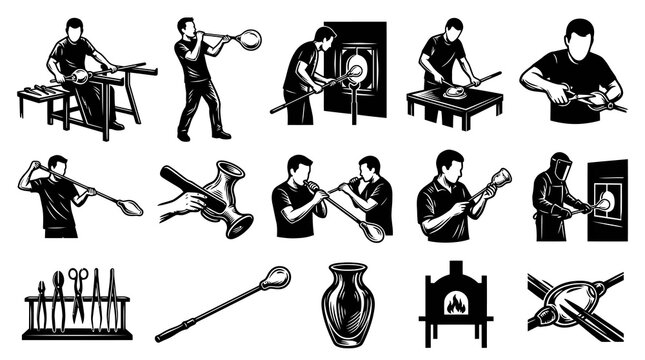 Glassblowing Process and Tools Icons Set, Black and White Vector Art