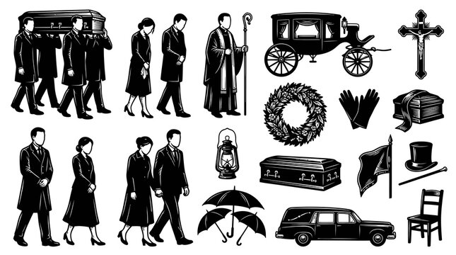 Black and White Funeral Icons: Coffin, Hearse, Wreath, Cross, Urn