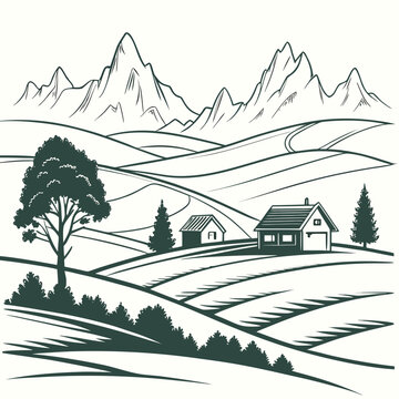 Vintage style black and white rural landscape illustration with houses