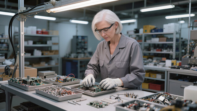Electronics engineer inspecting circuit boards in laboratory, semiconductor hardware testing and advanced manufacturing research