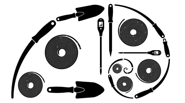 An artistic arrangement of gardening tools and supplies resembling a Fibonacci spiral on a white background, representing growth and cultivation