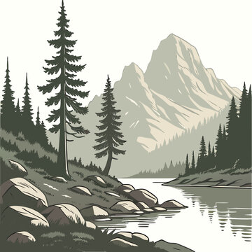 Vintage style mountain lake landscape with pine trees and rocks, a classic vinta