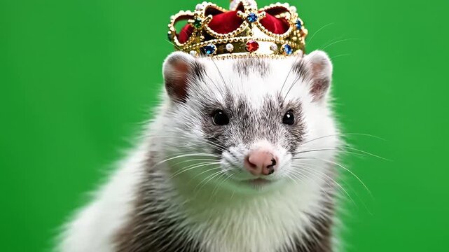 Cute stoat wearing a golden crown against a vibrant green background, looking directly at the camera.