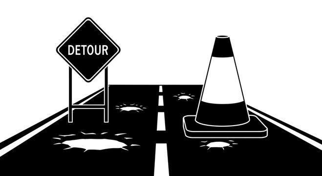 Road with potholes traffic cone and detour sign vector illustration