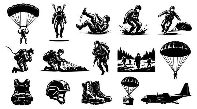Black and white vector illustration of paratroopers in action, military special forces, army operations, skydiving, parachute landing, and equipment.