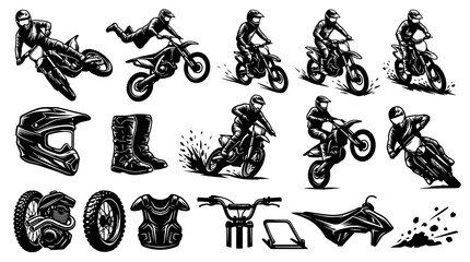 Obraz premium Black and White Vector Icons of Motocross Riders and Gear