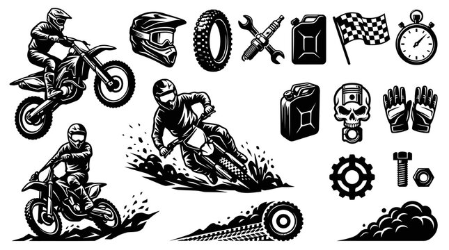 Black and White Vector Icons of Motocross and Extreme Sports