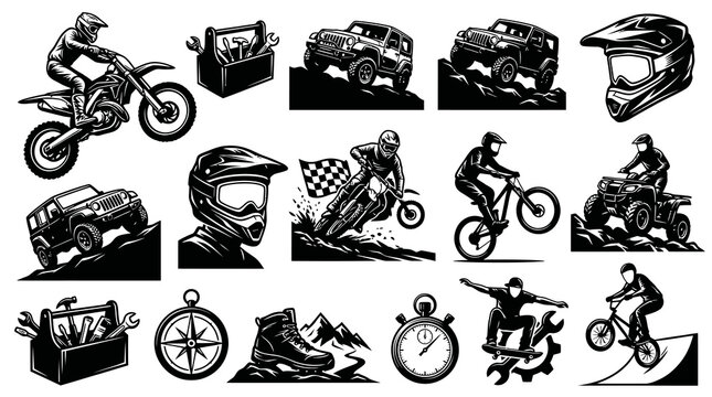 Black and White Vector Art of Extreme Sports: Motocross, ATV, Mountain Biking, Skateboarding, Off-Road Jeeps