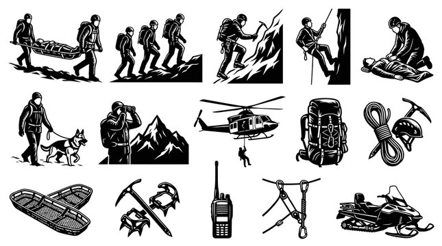 Black and White Line Art Icons for Mountain Rescue, Adventure, and Survival Gear