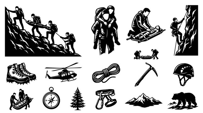 Mountain Rescue and Mountaineering Glyph Vector Illustration Set. Black  White Outdoor Adventure  Emergency Service Objects, Climbers, Gear  Wilderness Elements.