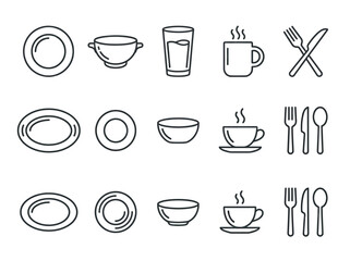 Obraz premium Set of simple outline vector icon illustrations representing tableware and dining utensils