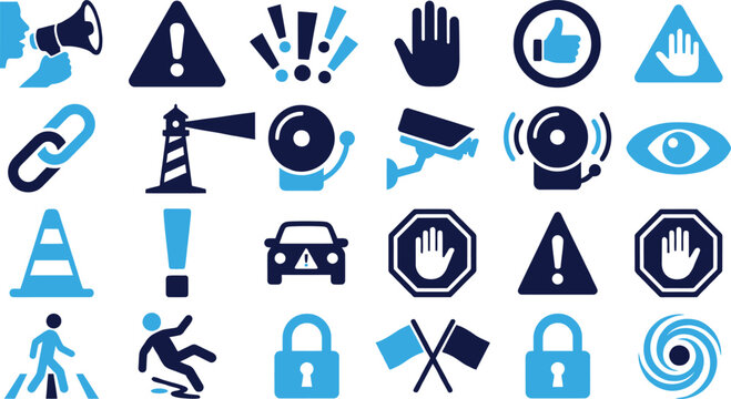 Set of safety warning and alert icons, including hand, stop sign, and alarm, blue and dark blue.