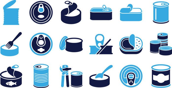 Collection of canned food icons, various shapes and openings, blue and dark blue, isolated.