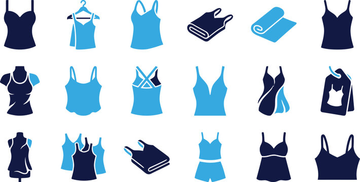 Set of blue and dark blue clothing icons for women including tank tops dresses bras and hangers on white background.