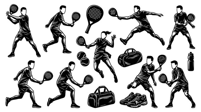 Sports Vector: Silhouette of Tennis Players with Rackets, Balls, Bags, Shoes, BW Line Art