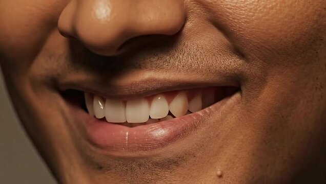 Close-up of a man's smiling mouth with healthy white teeth and subtle stubble on his face