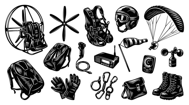 Black  White Engraved Vector Illustration of Extreme Air Sports and Outdoor Adventure Equipment Set. Paragliding, Paramotoring, and Safety Gear Collection.