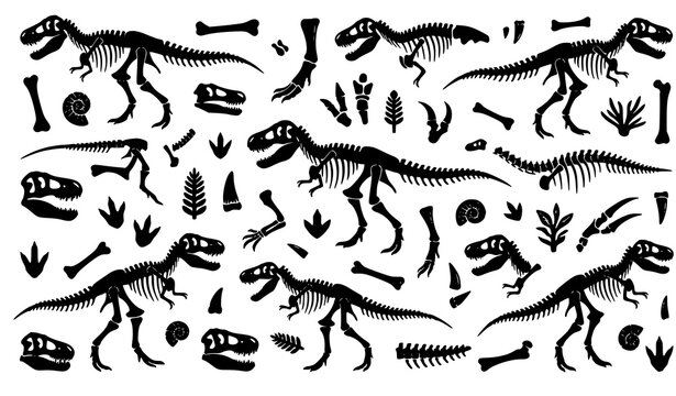 Trendy Tyrannosaurus rex skeleton vector bundle with dinosaur fossil and prehistoric bone symbols set