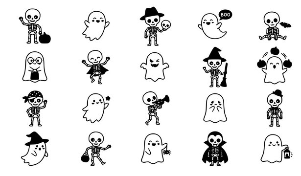 Halloween skeleton and ghost vector character set with cute spooky cartoon figures