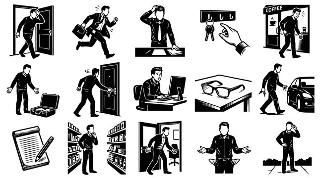 Businessman Daily Problems and Forgetfulness Black and White Line Art Vector Illustration Set. Man Rushing, Stress, Lost Keys, Missing Glasses, Empty Pockets.