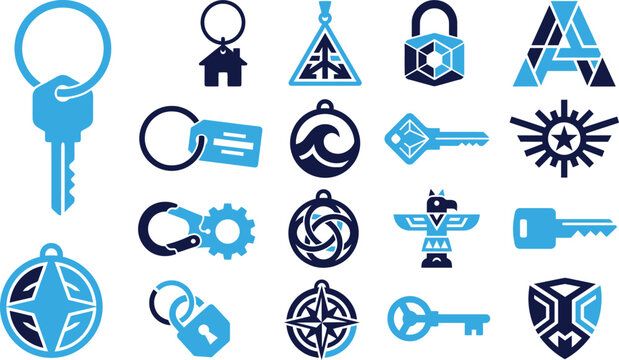 Collection of blue and navy flat icons representing keys, locks, and compasses for security, travel, and navigation themes.