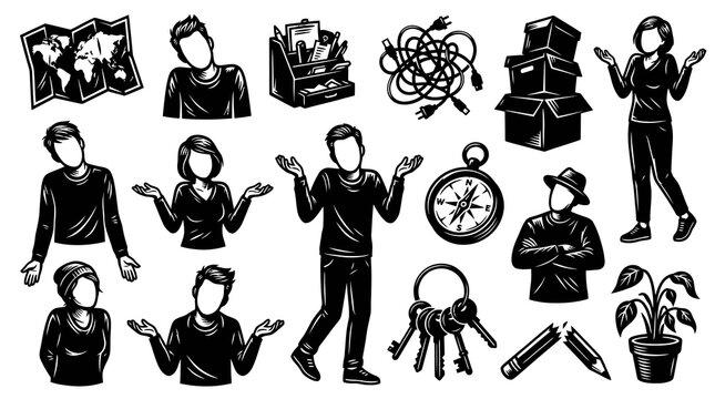 Black and White Graphic Illustration Set of Lifestyle, Business, and Decision Making Concept Icons with Diverse People and Objects - Monochrome Vector Collection