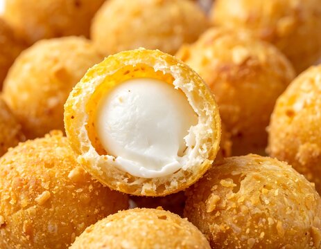 A close-up view of crispy fried cheese balls