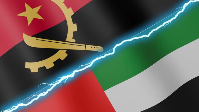 Two waving flags Angola and United Arab Emirates with diagonal lightning seamless, 4k loop
