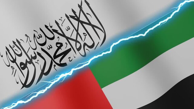 Two waving flags Afghanistan and United Arab Emirates with diagonal lightning seamless, 4k loop
