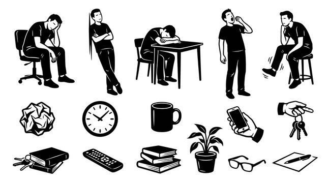 Boredom and Exhaustion Icons: People Yawning, Sleeping, and Objects of Lethargy - Black and White Vector Line Art