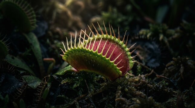 &ldquo;A close-up of a Venus flytrap on a dark, moody background, sharp details of its teeth-like edges, illuminated by a subtle spotlight for a dramatic effect.&rdquo;

