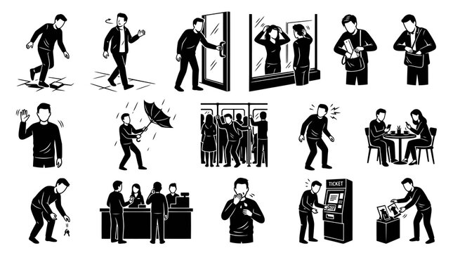 Black and White Glyph Icons Set of People in Everyday Life Situations, Common Problems, Emotions, and Human Behavior  Urban Lifestyle Vector Art