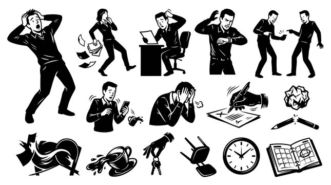 Business Workplace Stress, Mental Health, and Problem Icons Vector Set. Black and white line art illustrations depicting anxiety, deadlines, overwork, and daily challenges.