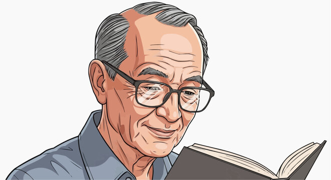 An elderly man with glasses reading a book, absorbed in the content. This illustration depicts his focused gaze and expression in white background.