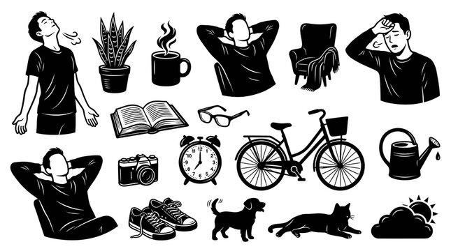Black and White Lifestyle and Wellbeing Vector Icons Set - Daily Life, Hobbies, Relaxation, and Stress Management Illustrations