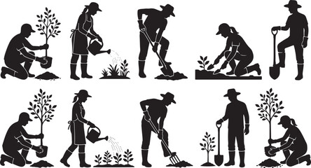 Fototapeta premium Gardening and farming people silhouette collection set, diverse gardeners planting trees watering plants and digging soil, agriculture work hobby icons, eco-friendly vector.