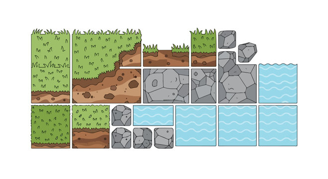 Cartoon game tileset vector, 2D platformer environment assets with grass, dirt, stone and water blocks, modular level design elements for gaming