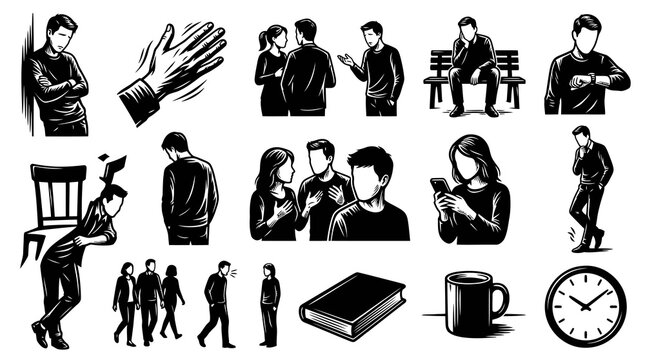 Black and White Line Art Vector Illustrations of People, Emotions, Communication, Solitude, and Time. Human Behavior and Lifestyle Concepts.