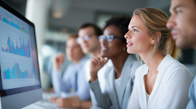 Diverse group of professionals looking at a large computer screen displaying data graphs, ethical AI and collaborative bias mitigation concept, with copy space