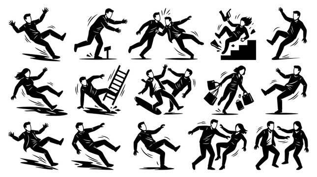 Black and White Silhouette Icons of People Falling and Slipping, Accidents and Hazards