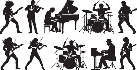Musical instrument players silhouette collection set, diverse musicians playing guitar piano drums and violin, live concert performance band icons, artistic music vector. © My one