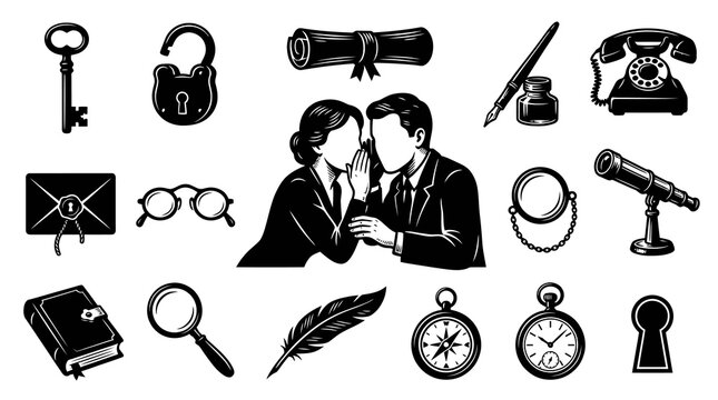 Vintage Secret Agent Detective Icons: Key, Lock, Scroll, Whisper, Phone, Telescope, Book, Magnifying Glass, Feather, Compass, Clock, Keyhole - Black and White Line Art