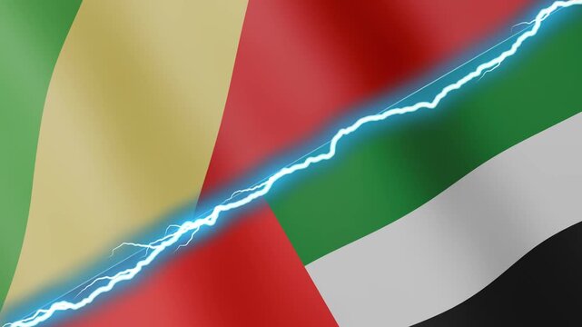 Two waving flags Congo Brazzaville and United Arab Emirates with diagonal lightning seamless, 4k loop
