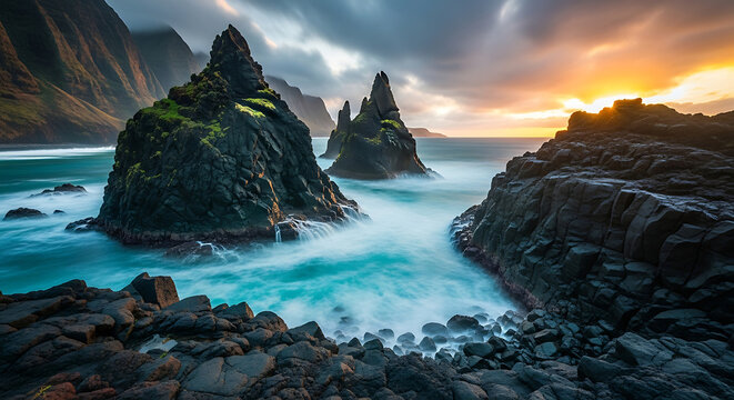 Breathtaking sunset over a volcanic coastline with sharp sea stacks and misty turquoise water dramatic long exposure of a rugged rocky shore and mountain cliffs