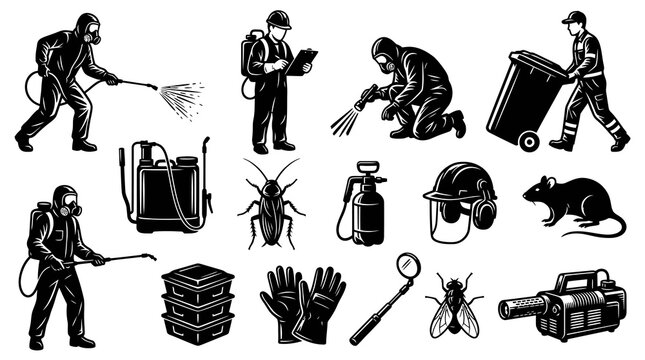 Monochrome Vector Illustration Set of Pest Control and Sanitation Professionals, Equipment, and Pests for Extermination Services