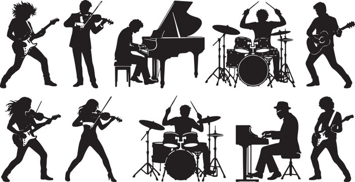 Musical instrument players silhouette collection set, diverse musicians playing guitar piano drums and violin, live concert performance band icons, artistic music vector.