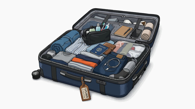 Suitcase packed with travel essentials, passport and personal items, ready for journey in white background.